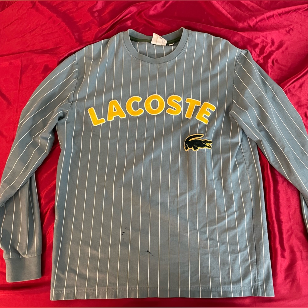 Vintage Blue Lacoste Long Sleeved Shirt with White Stripes, Small